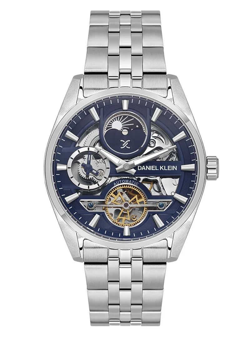 DANIEL KLEIN Men's Stainless Steel Silver Brass Case Analog Dark Blue Round Skeleton Dial Automatic Skeleton 50 Meters Water Resistant